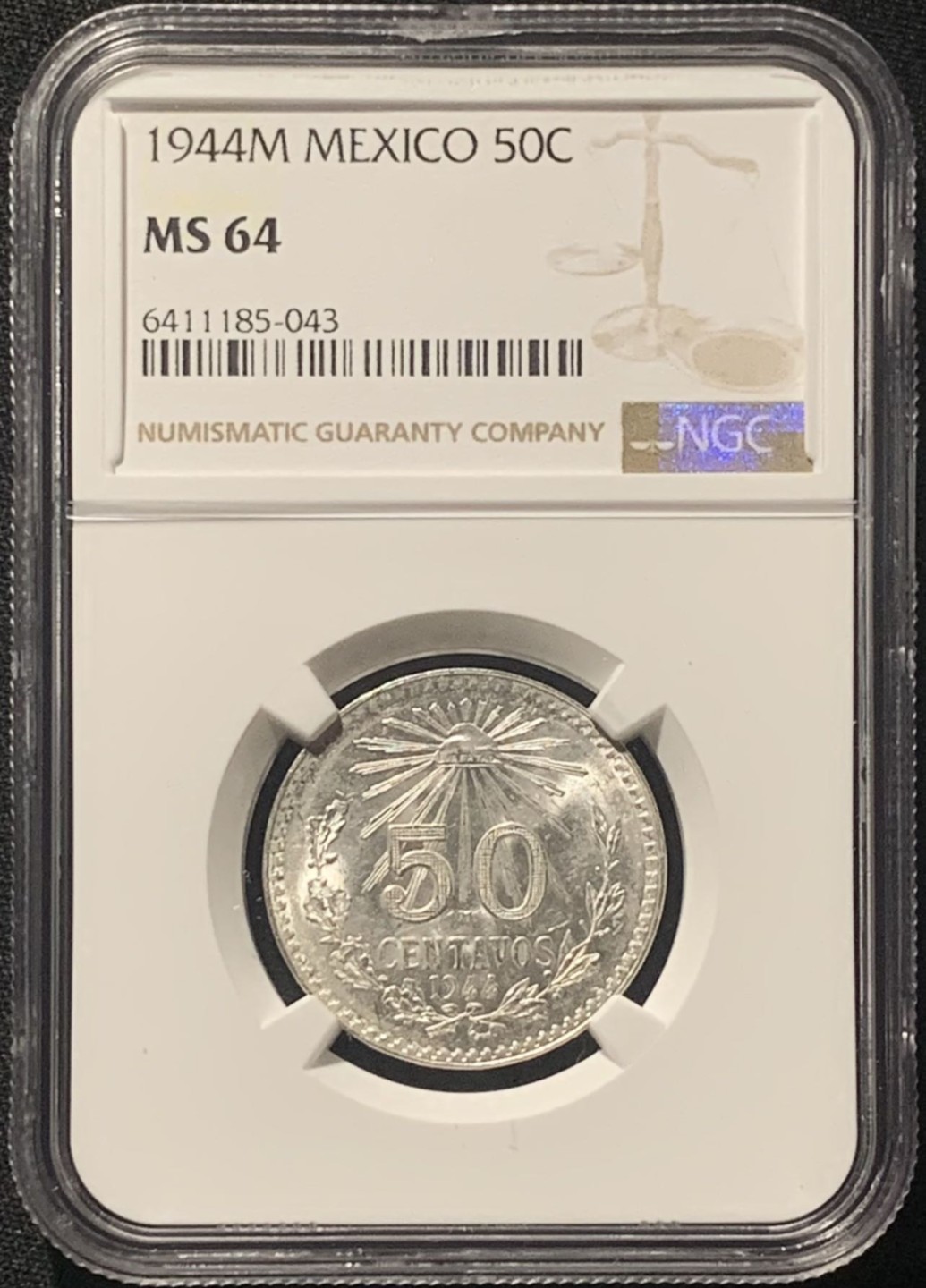 紫瑗钱币——第244期拍卖 墨西哥 1944年 M版 鹰洋 50分 银币 NGC MS64