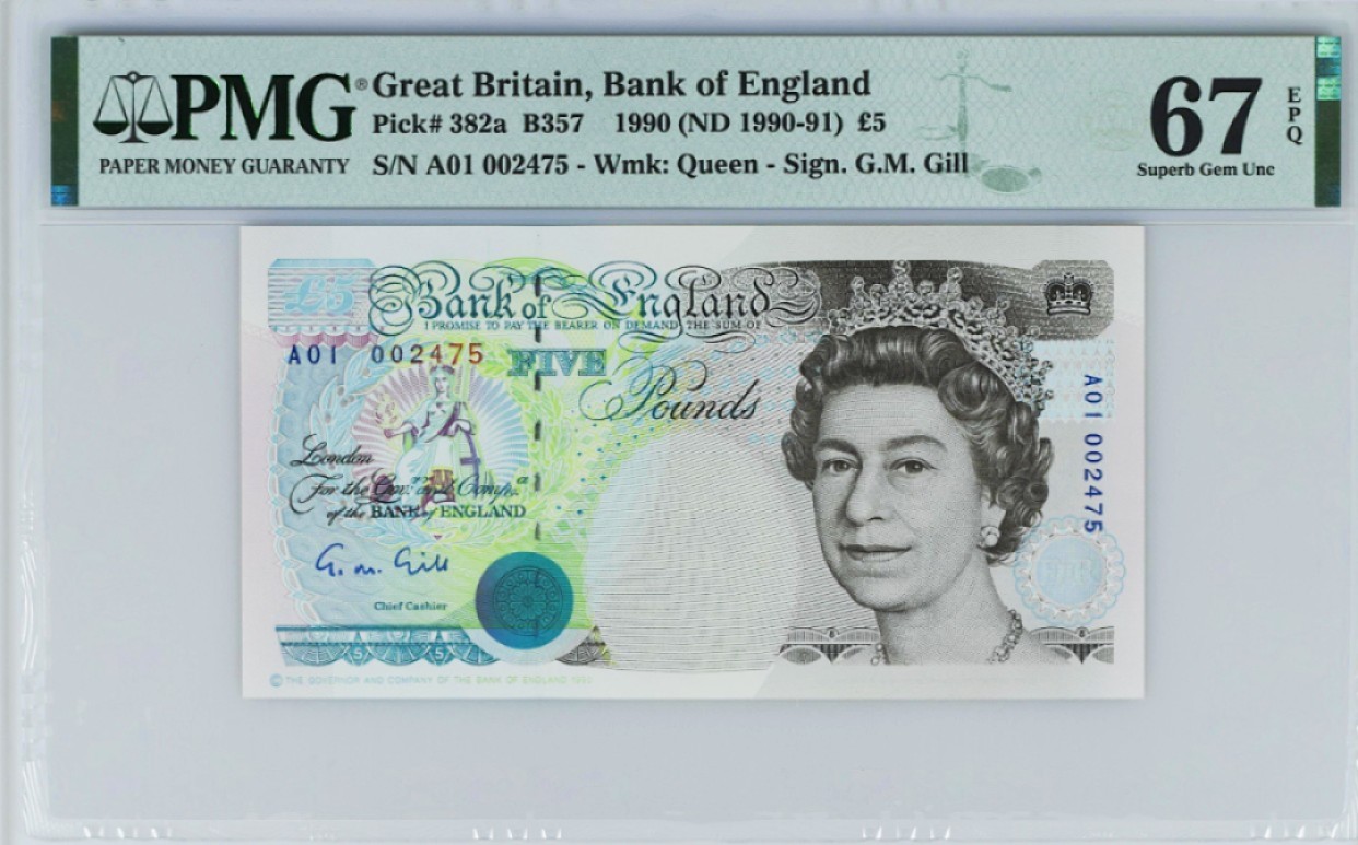 《张总收藏》85期——外币精品 1990年英国E序列初版5镑A01冠PMG67E高分千位小号2475
