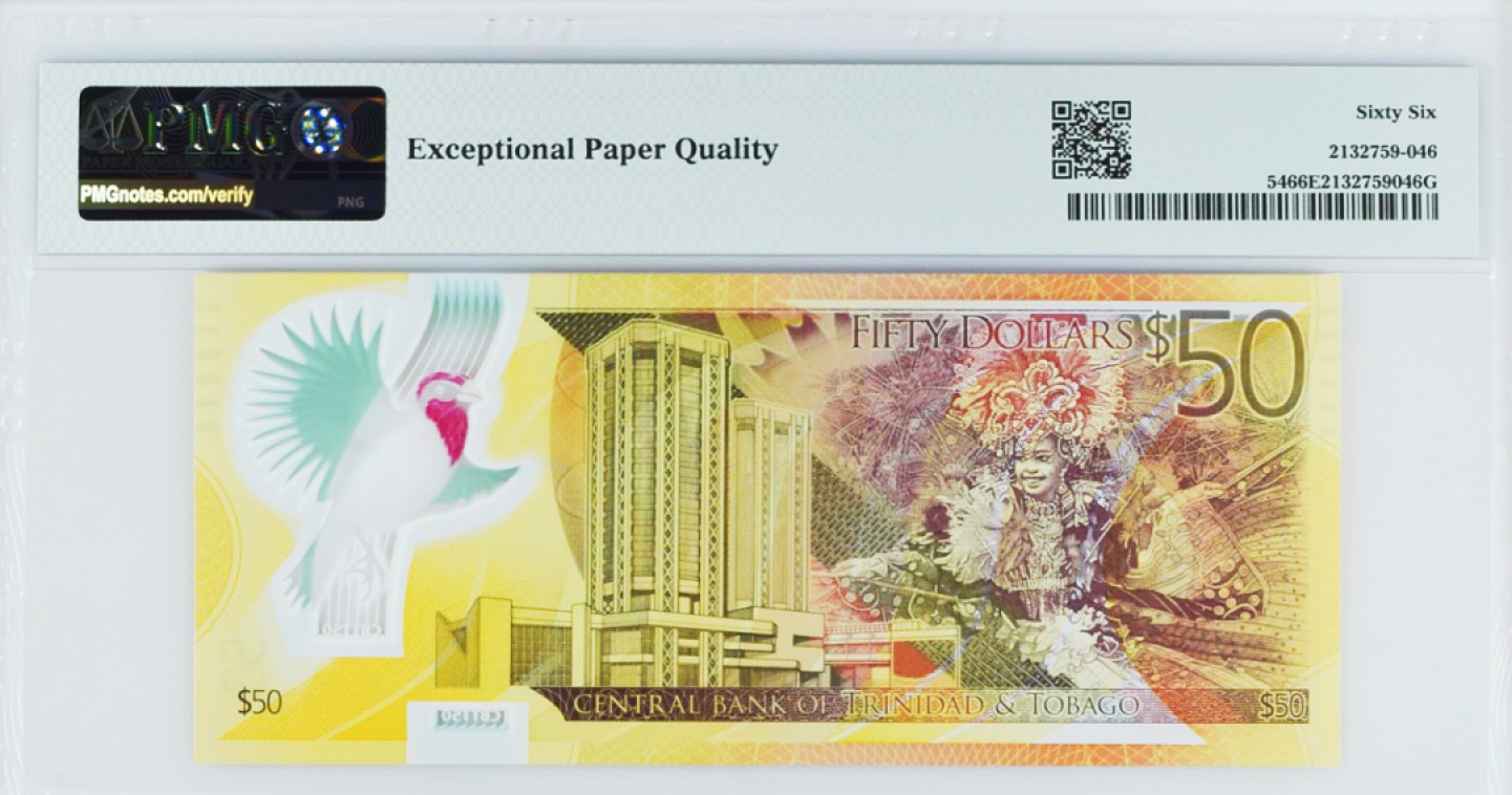 《张总收藏》85期——外币精品 特立尼达和多巴哥2014年50元首发CB冠PMG66E无47 纪念钞版 非常漂亮 IBNS世界最佳纸币获奖钞