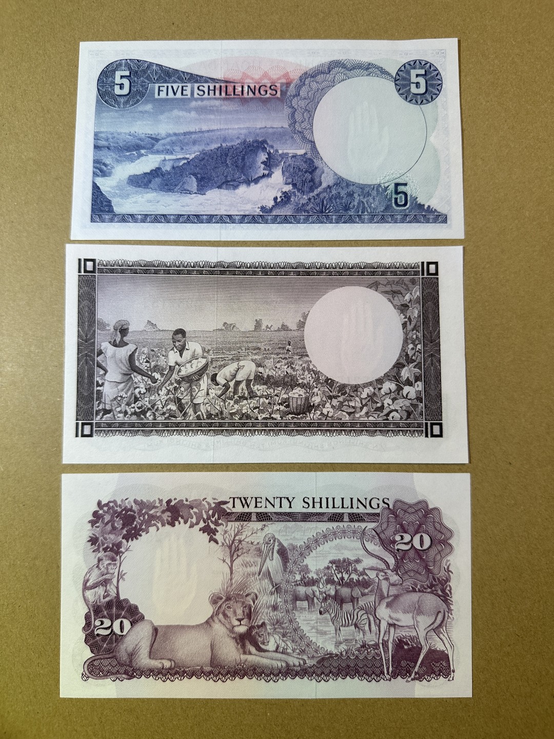 《张总收藏》85期——外币精品 乌干达5、10、20先令3张 UNC 1966年早期版本 Pick1、2、3