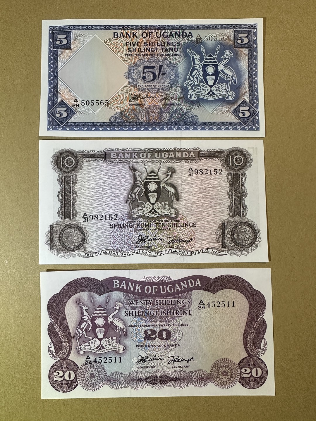 《张总收藏》85期——外币精品 乌干达5、10、20先令3张 UNC 1966年早期版本 Pick1、2、3