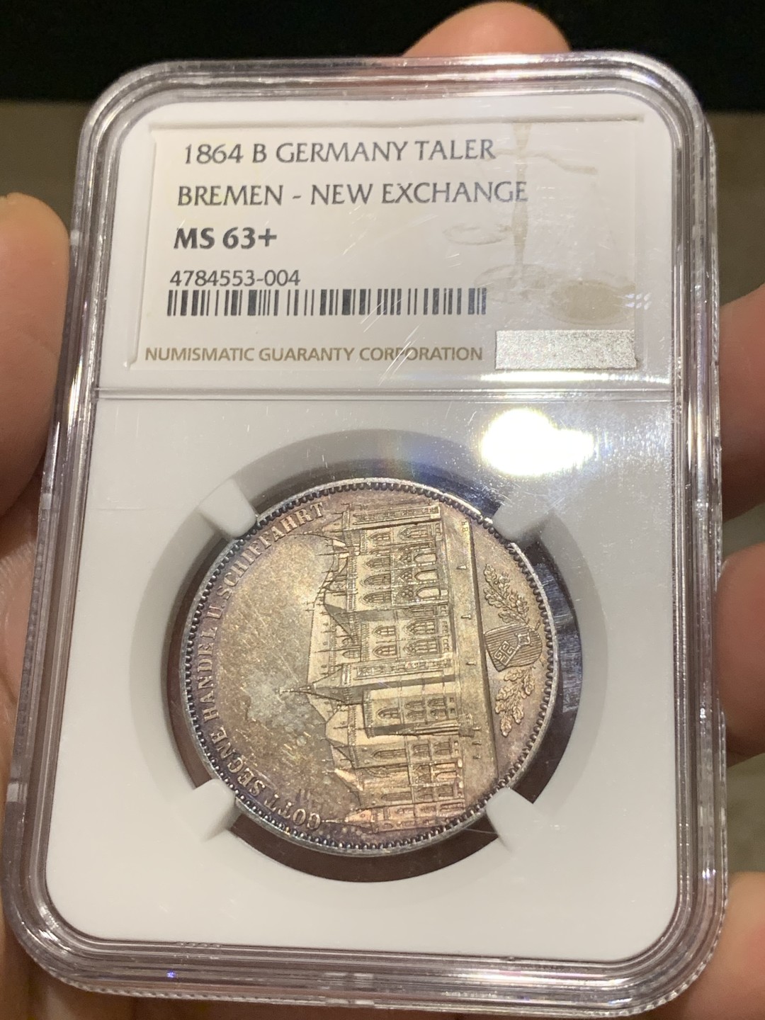 《竞宝斋》第129场-元旦精品特拍 (全场顺丰包邮) NGC MS63+德国 1864 不莱美交易所泰勒银币 淡紫色包浆，有pl质感 不可多得的状态