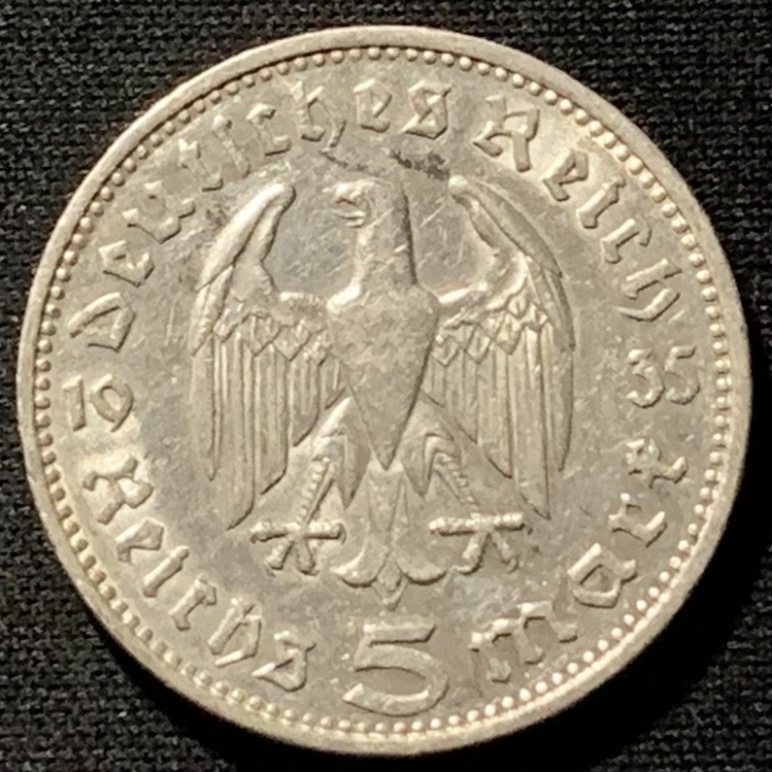 紫瑗钱币——第251期拍卖 德国 1935年 F版 兴登堡 5马克 13.9克 0.9银