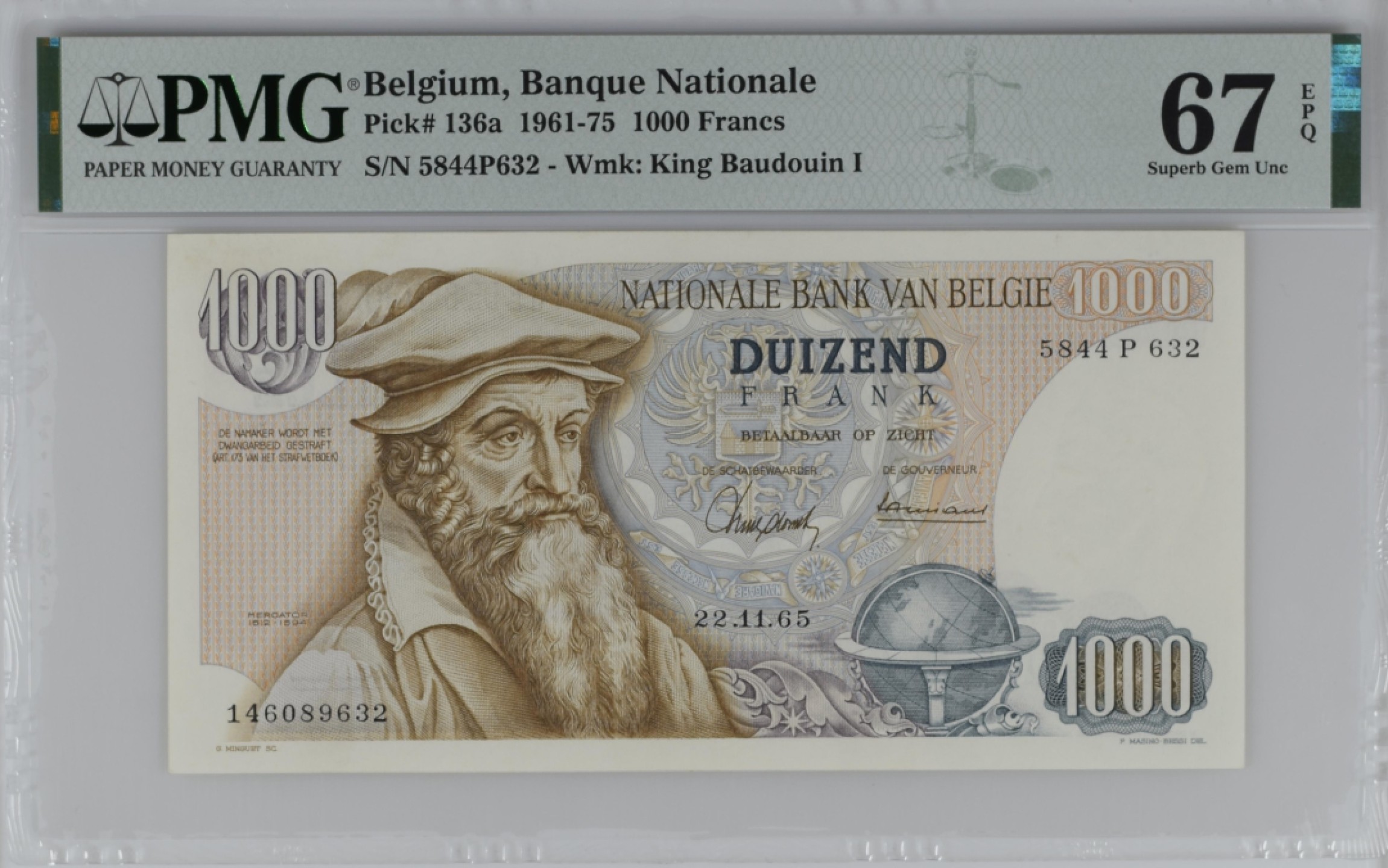 《张总收藏》85期——外币精品 比利时1000法郎 PMG67E 1965年a版稀少 这个都沉淀了 市面很少见 名誉品大力神 比利时地图制作家吉拉德·克雷摩
