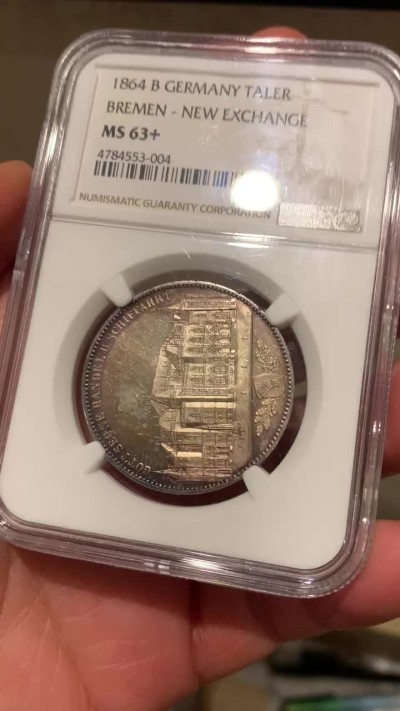 《竞宝斋》第129场-元旦精品特拍 (全场顺丰包邮) NGC MS63+德国 1864 不莱美交易所泰勒银币 淡紫色包浆，有pl质感 不可多得的状态