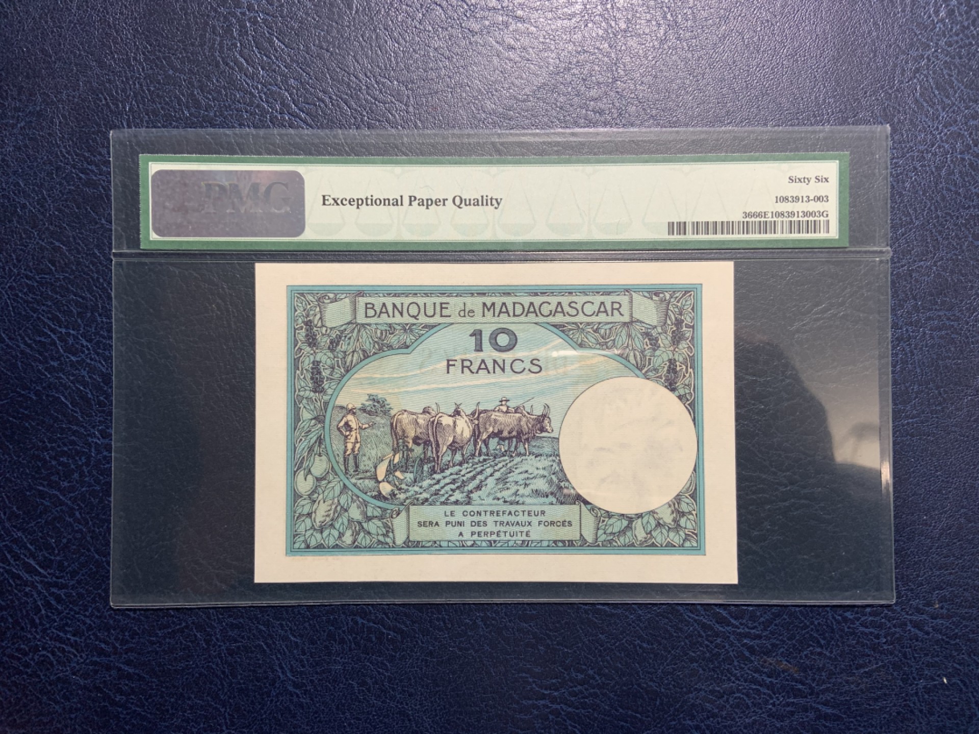 收藏联盟Quantum Auction 第222期拍卖 马达加斯加1937-47年10法郎 PMG66 经典一代壳 