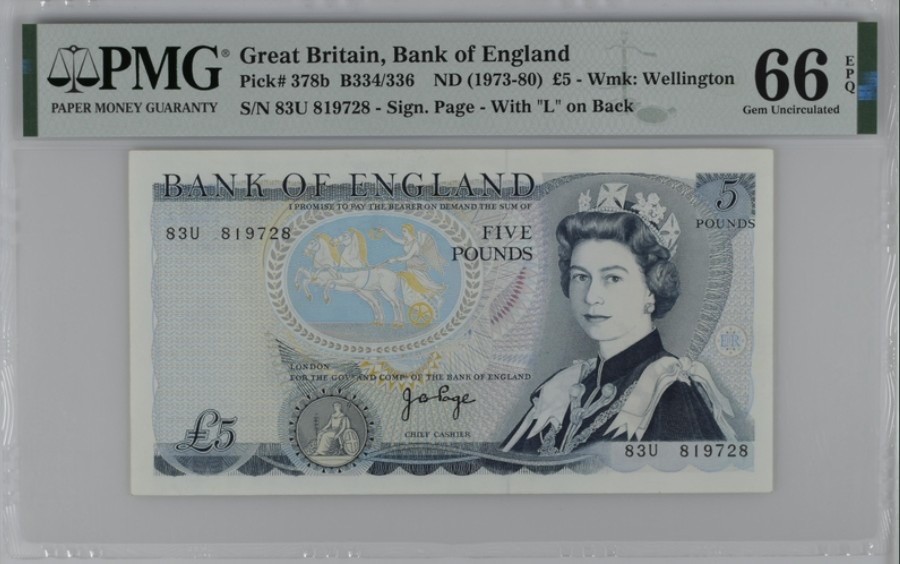 收藏联盟Quantum Auction 第222期拍卖 英国1973-80年5镑 PMG66 威灵顿公爵