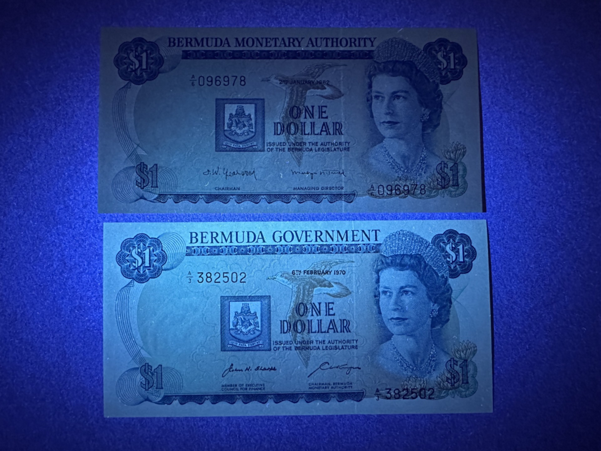 《张总收藏》85期——外币精品 百慕大1元2张 UNC 1970年和1982年2张不同版本