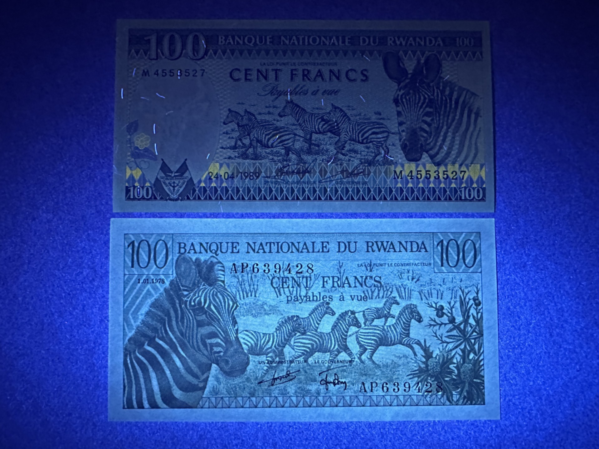 《张总收藏》85期——外币精品 卢旺达100法郎2张 UNC 1978年和1989年2张不同版本斑马