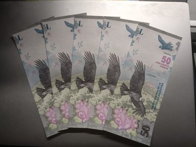 【专场20221229】返璞归真第IV期——无人像风格纸币专场 - 【拍品002】阿根廷2018版50比索全新UNC五张批量连号全程无4