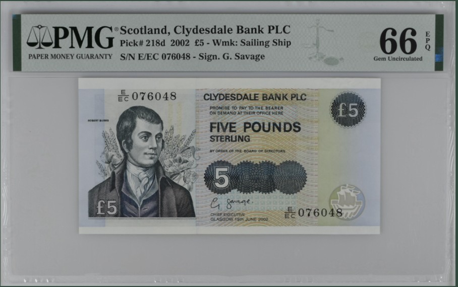 收藏联盟Quantum Auction 第222期拍卖 苏格兰克莱斯戴尔银行2002年5镑 PMG66 