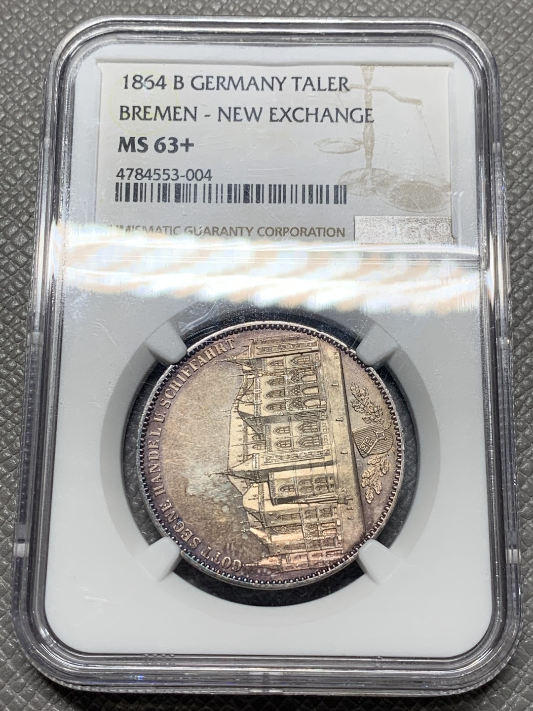 《竞宝斋》第129场-元旦精品特拍 (全场顺丰包邮) NGC MS63+德国 1864 不莱美交易所泰勒银币 淡紫色包浆，有pl质感 不可多得的状态