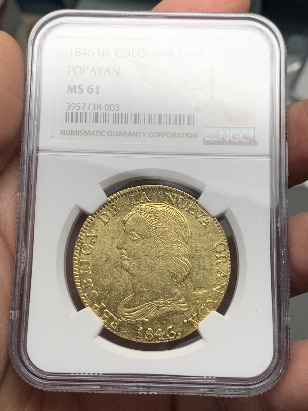 《竞宝斋》第129场-元旦精品特拍 (全场顺丰包邮) NGC-MS61 1846年哥伦比亚16比索金币 拉美地区早年大金参与流通，MS远比AU少见，同年同版今年5月HA一枚62分的成交价5120刀