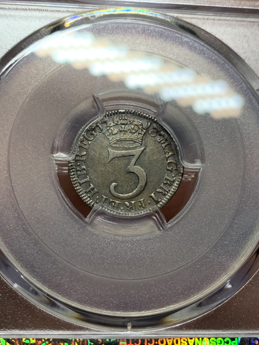 《竞宝斋》第129场-元旦精品特拍 (全场顺丰包邮) PCGS 1713年 英国1713 安妮女王濯足币  安妮女王时期任何AU以上品相的钱币都是非常稀少的存在