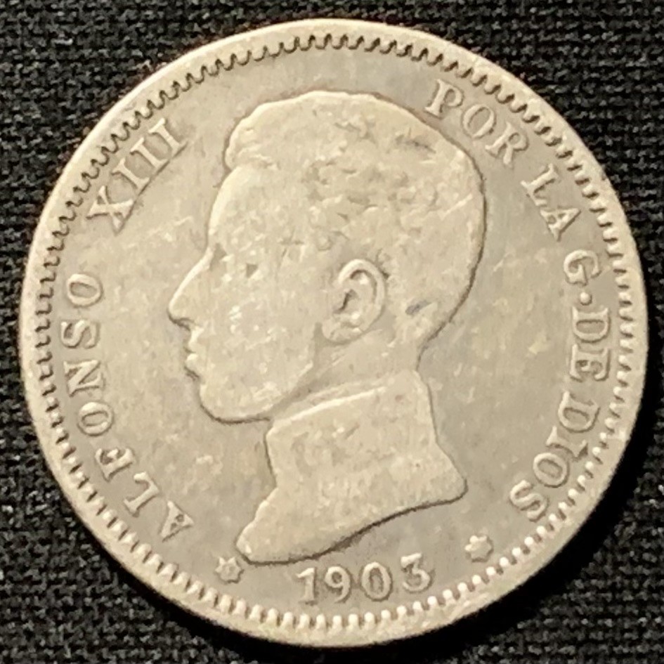 紫瑗钱币——第251期拍卖 西班牙 1903年 阿方索十三世 少年头 1比塞塔 5克 0.835银