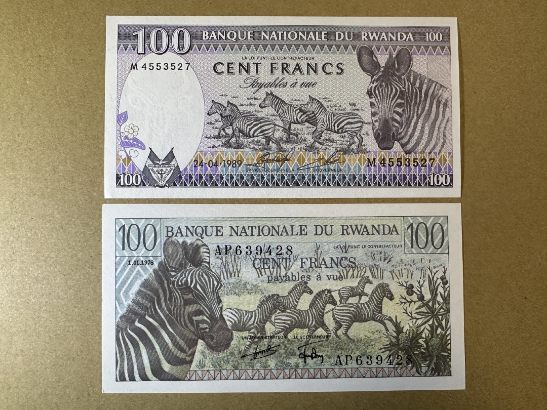 《张总收藏》85期——外币精品 卢旺达100法郎2张 UNC 1978年和1989年2张不同版本斑马