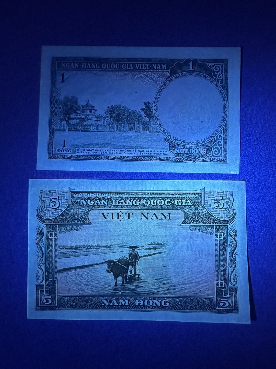 《张总收藏》85期——外币精品 越南1、5盾2张 UNC 1956年 南越最早发行的2张纸币 Pick1&2 轻微荧光