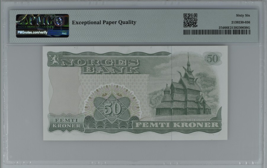 收藏联盟Quantum Auction 第222期拍卖 挪威1981年50克朗 PMG66 少见年份 作家比昂松和博尔贡木板教堂(挪威热门景点)