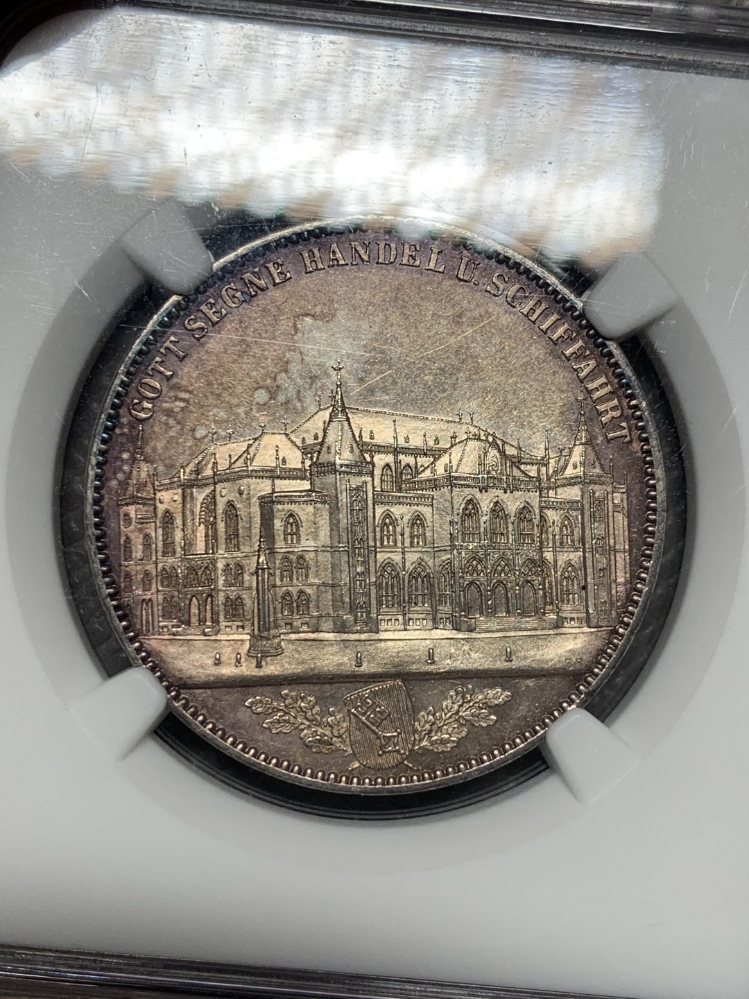 《竞宝斋》第129场-元旦精品特拍 (全场顺丰包邮) NGC MS63+德国 1864 不莱美交易所泰勒银币 淡紫色包浆，有pl质感 不可多得的状态