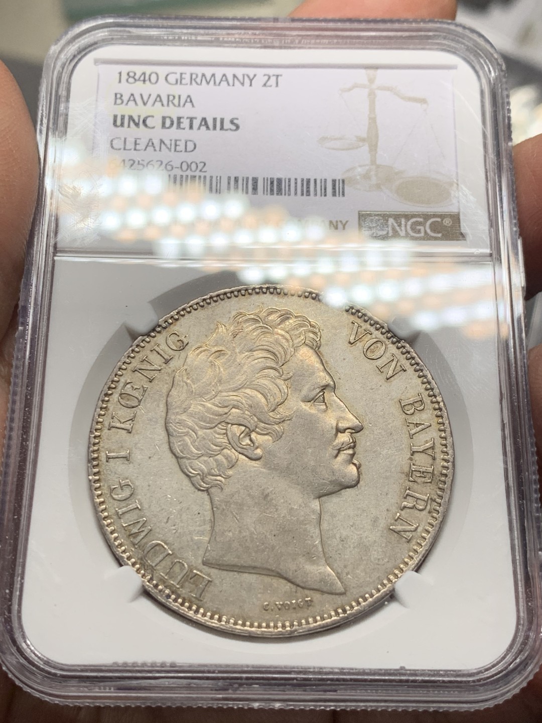 《竞宝斋》第129场-元旦精品特拍 (全场顺丰包邮) NGC UNC 德国 1840年 巴伐利亚 路德维希一世 2泰勒 大银币 37克大规格