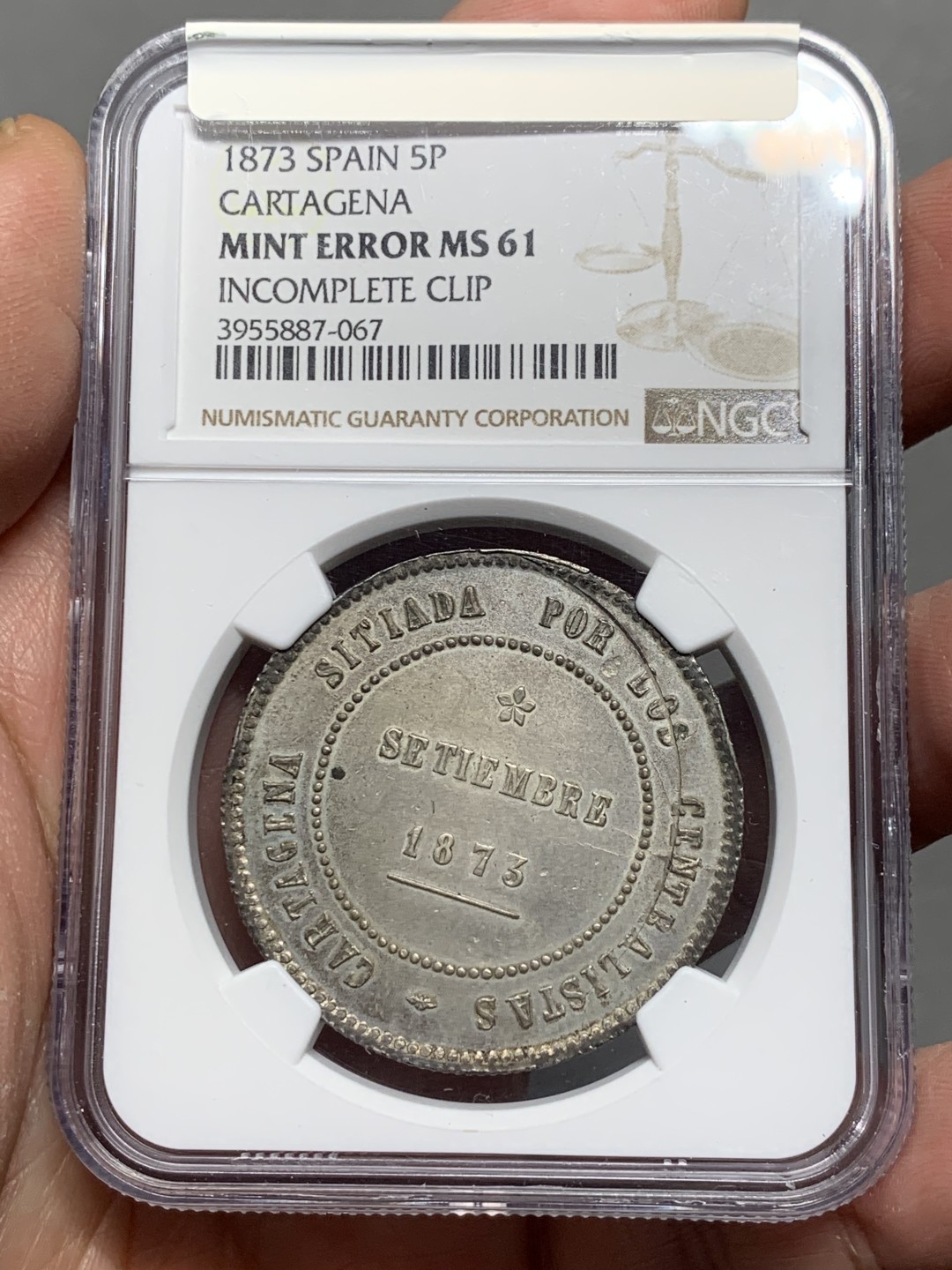 《竞宝斋》第129场-元旦精品特拍 (全场顺丰包邮) NGC MS61 西班牙1873 革命政府5P，卡塔赫纳造币厂，出厂品相，淡钴色包浆，克书unc指导价650刀，少见品种叠加造币厂错误