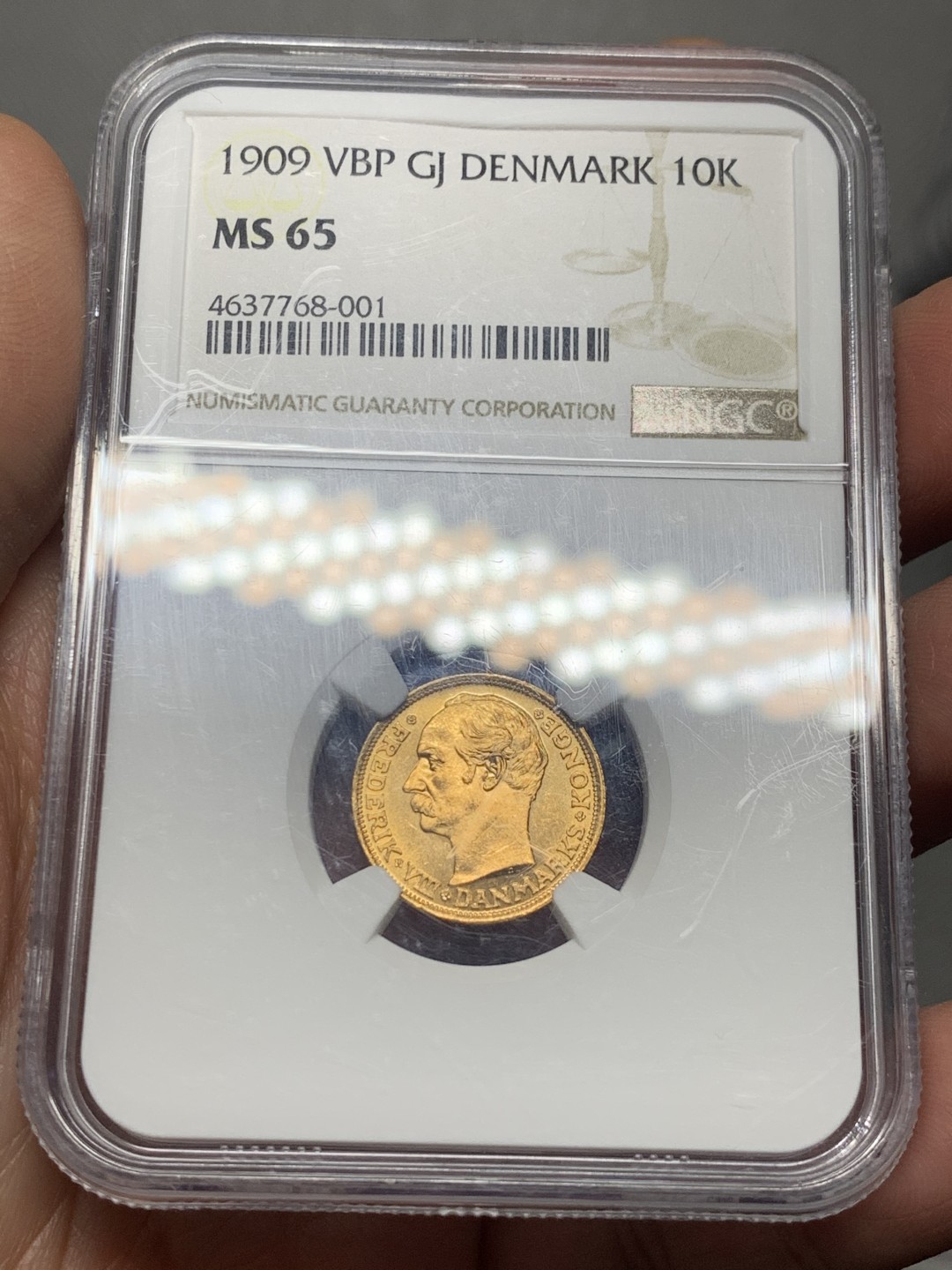 《竞宝斋》第129场-元旦精品特拍 (全场顺丰包邮) NGC-MS65 丹麦 1909年 10克朗 金币 4.48g 900金 收藏级分数 NGC官网 60分的价格已经来到了300美元