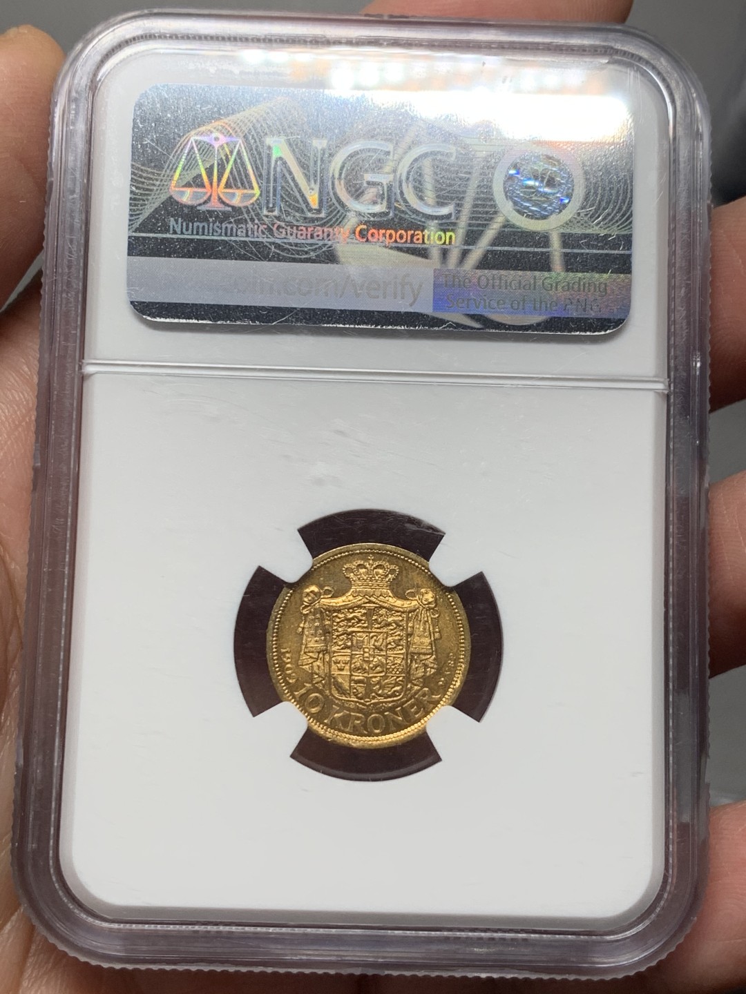 《竞宝斋》第129场-元旦精品特拍 (全场顺丰包邮) NGC-MS65 丹麦 1909年 10克朗 金币 4.48g 900金 收藏级分数 NGC官网 60分的价格已经来到了300美元
