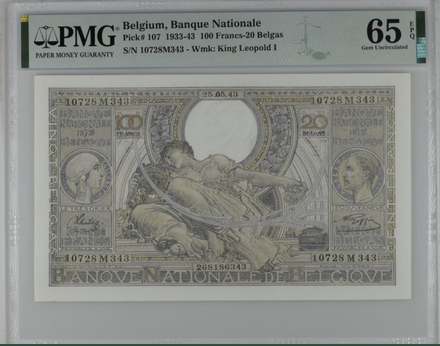 收藏联盟Quantum Auction 第222期拍卖 比利时193-43年100法郎 PMG65