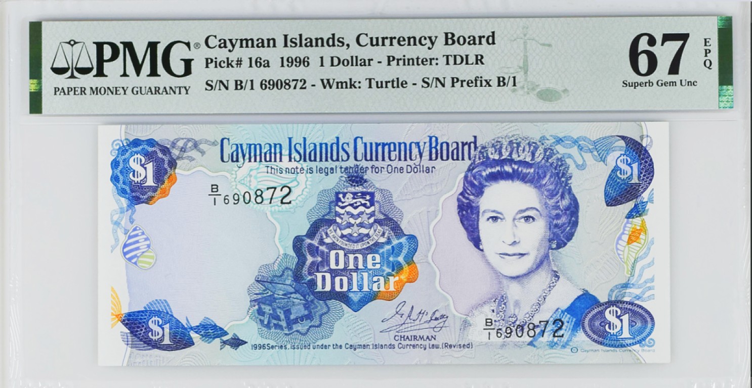 《张总收藏》85期——外币精品 开曼群岛1996年1镑首发B1冠PMG67E亚军分无4 数量稀少