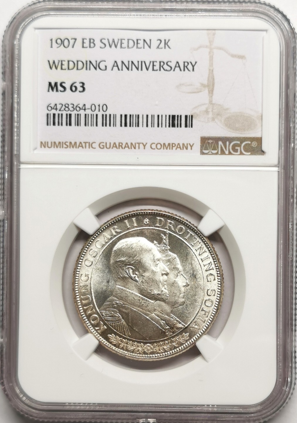 凡希社世界钱币微拍第二百二十五期 1907瑞典金婚2克朗纪念银币NGC-MS63