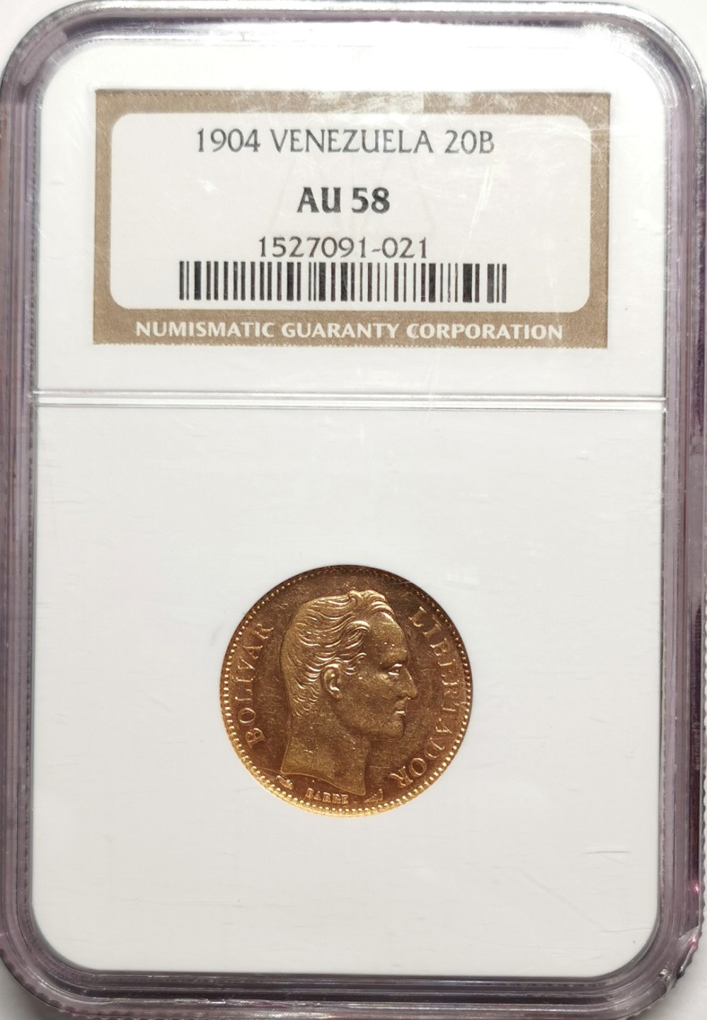 凡希社世界钱币微拍第二百二十五期 1904委内瑞拉20巴尔博金币NGC-AU58
