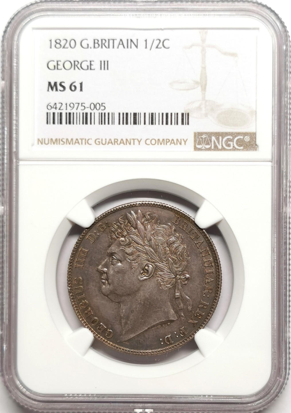 凡希社世界钱币微拍第二百二十五期 荐！1820英国乔治三世半克朗NGC-MS61黑彩！