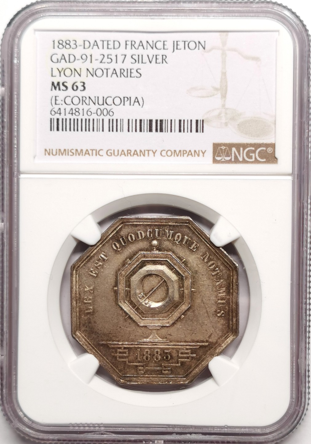 凡希社世界钱币微拍第二百二十五期 1883法国里昂公证处银质JETON NGC-MS63
