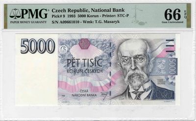 【Blue Auction】✨世界纸币精拍第272期——2023启航 - 【倒置号 初版】捷克 1993年5000克朗 PMG66EPQ  A冠 设计非常精美