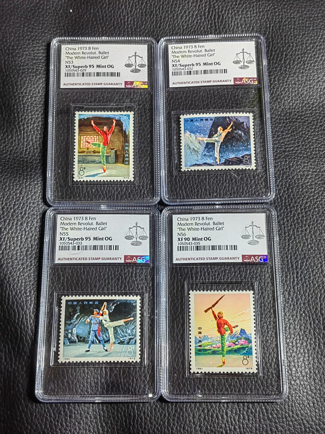 洪涛臻品批发群  精选邮票限时拍卖第一百三十期 【总筋是95分】N53-56编号白毛女 新全  ASG评级，N56一枚 90分，其余3枚95高分，均OG，如此高分非常不容易，喜欢的朋友不要错过