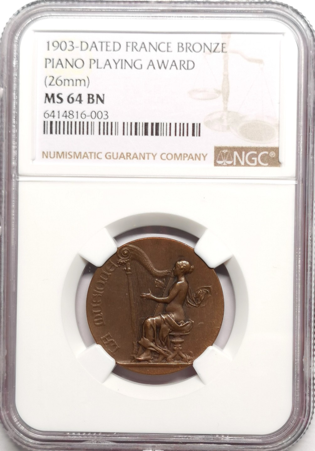凡希社世界钱币微拍第二百二十五期 1903法国钢琴比赛铜质奖章NGC-MS64