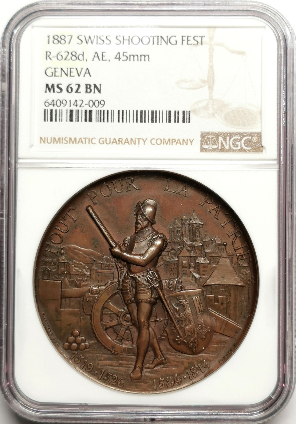 凡希社世界钱币微拍第二百二十五期 1887日内瓦射击节纪念铜章NGC-MS62铜色厚重！