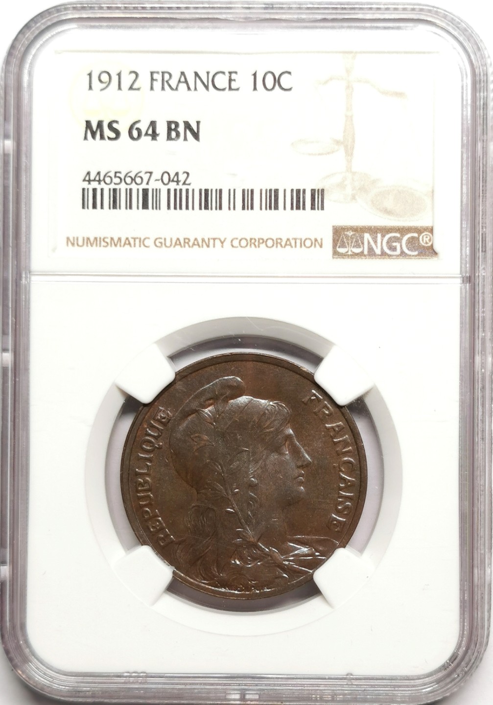 凡希社世界钱币微拍第二百二十五期 1912法国女神像10生丁铜币NGC-MS64巧克力包浆！