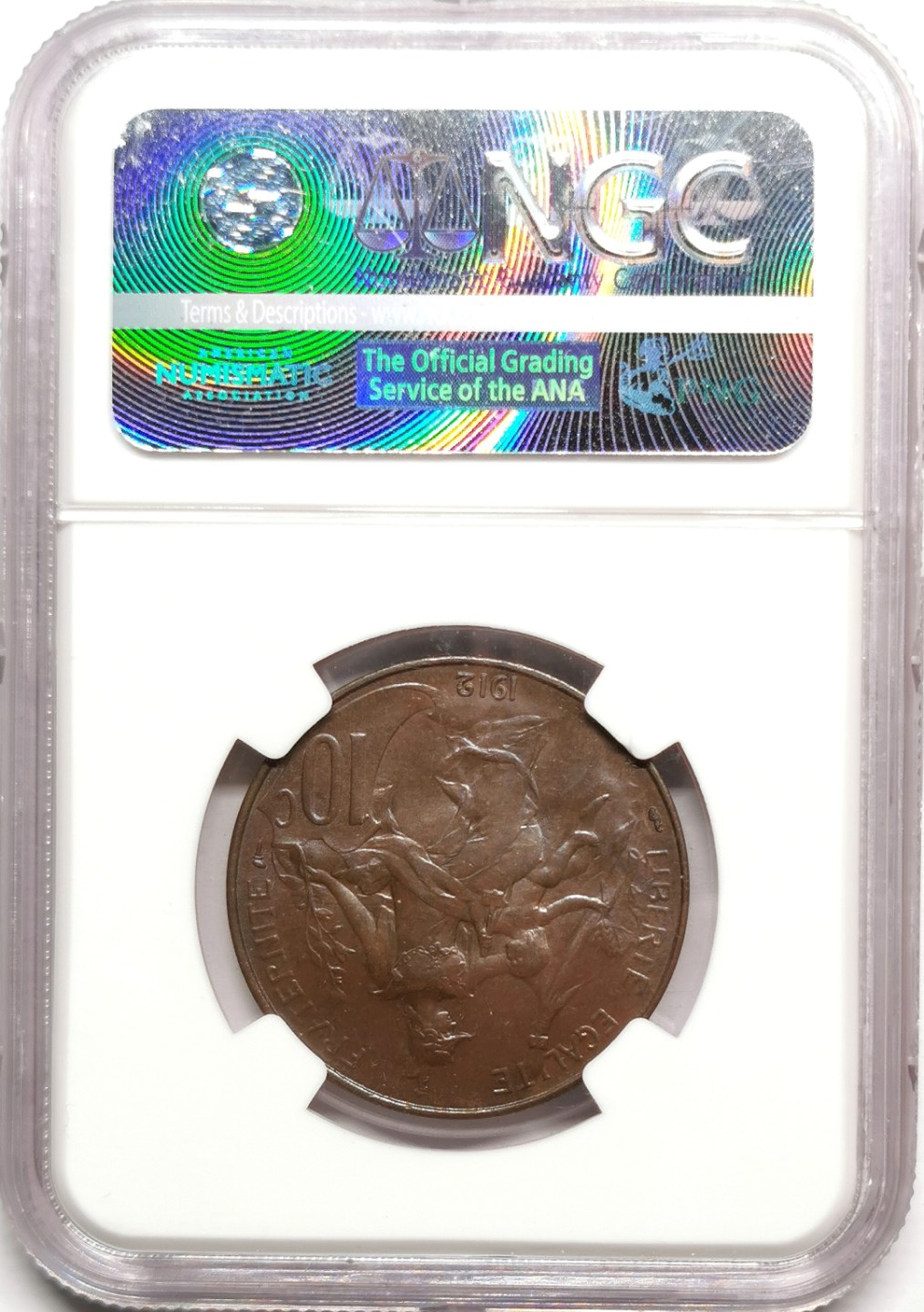 凡希社世界钱币微拍第二百二十五期 1912法国女神像10生丁铜币NGC-MS64巧克力包浆！