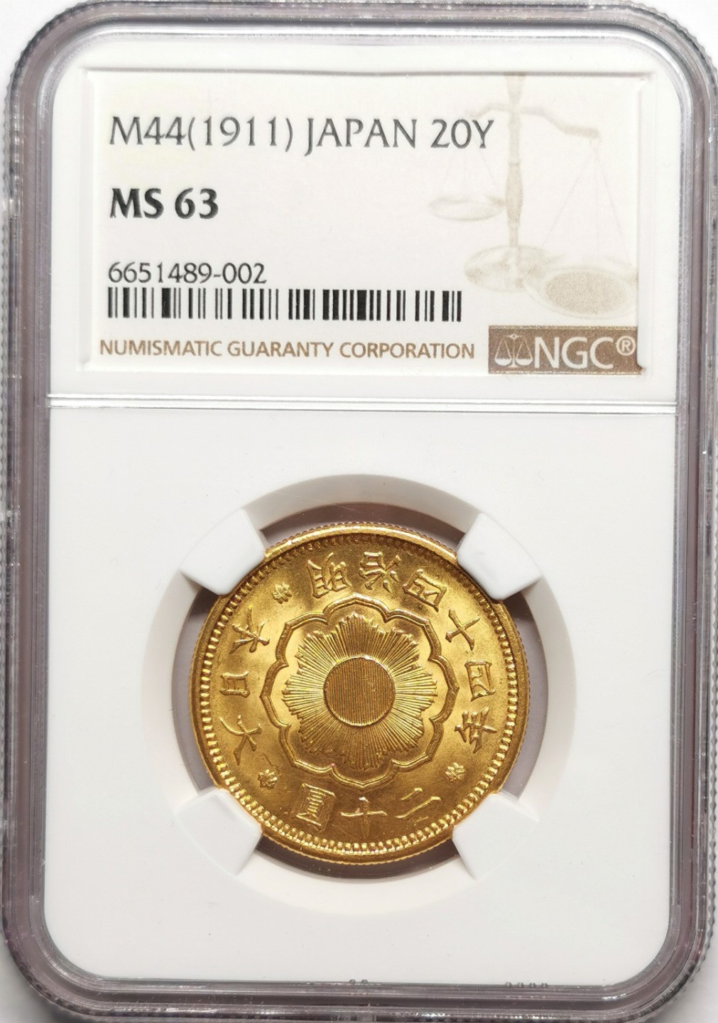 凡希社世界钱币微拍第二百二十五期 荐！1911明治四十四年二十圆金货NGC-MS63金色明亮！