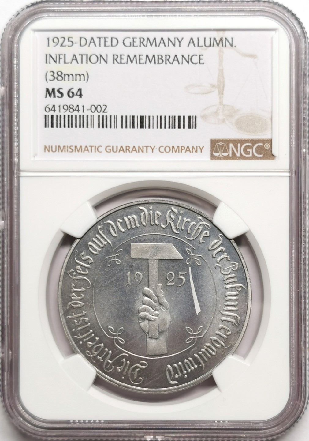 凡希社世界钱币微拍第二百二十五期 1925德国大通胀纪念铝章NGC-MS64