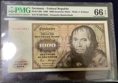 【Blue Auction】✨世界纸币精拍第272期——2023启航 - 德国 1980年1000马克 经典舍那 PMG66EPQ 雕刻精美 
