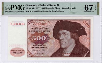 【Blue Auction】✨世界纸币精拍第272期——2023启航 - 德国 1977年500马克 经典大副 雕刻精美 PMG67EPQ 高分