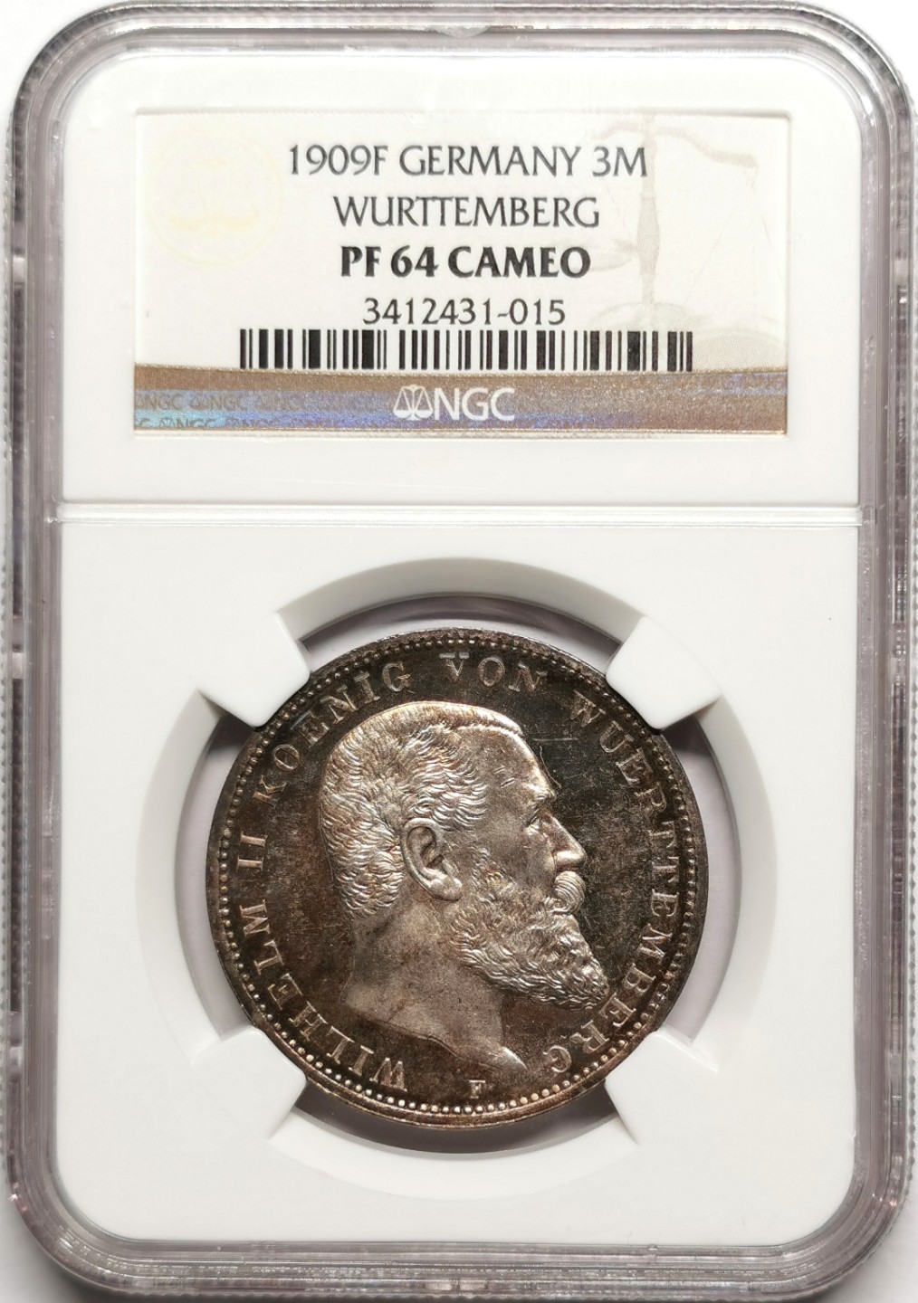 凡希社世界钱币微拍第二百二十五期 荐！1909D符腾堡3马克精铸NGC-PF64CAMEO