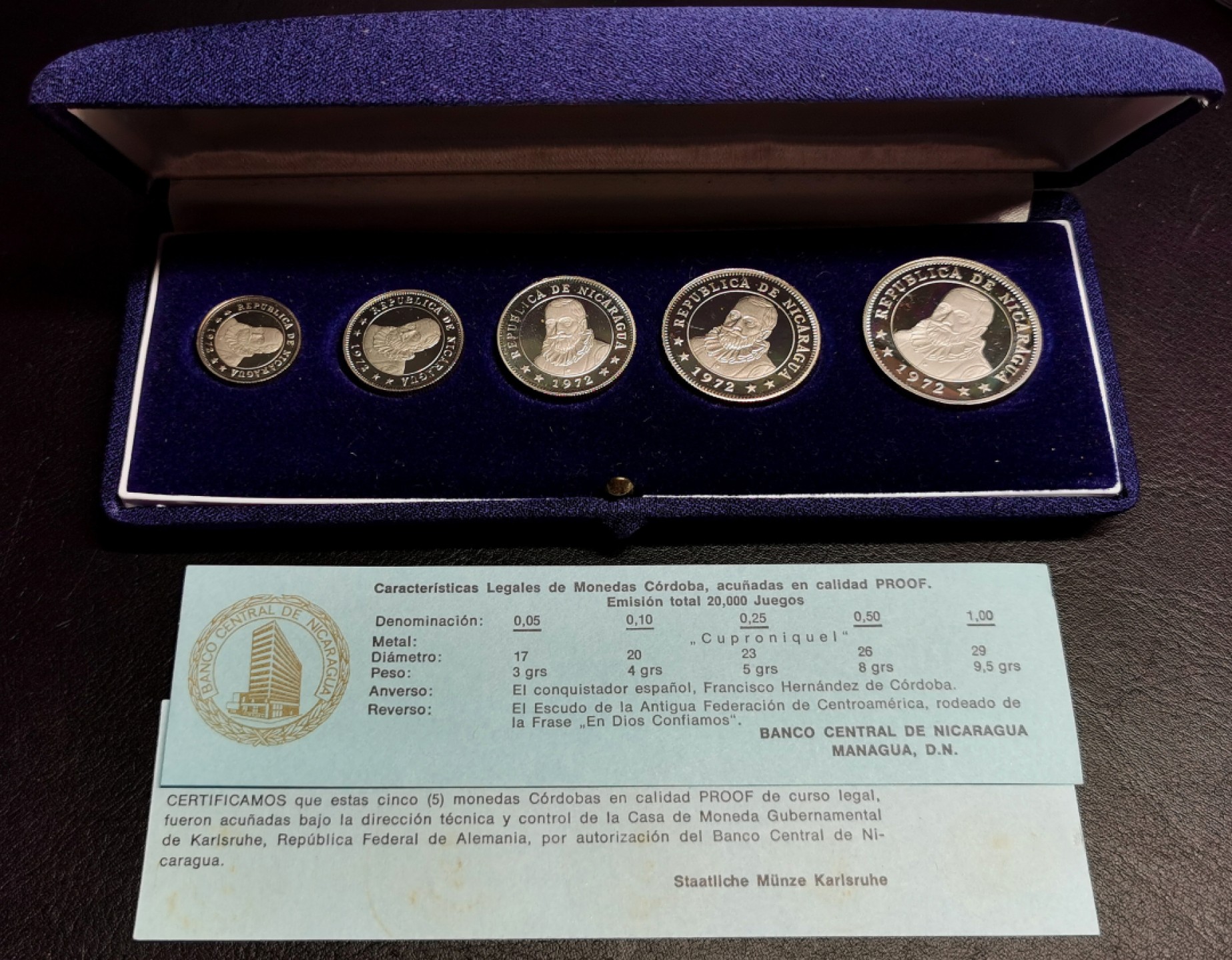 凡希社世界钱币微拍第二百二十五期 1972尼加拉瓜精铸PS原盒证书好品！