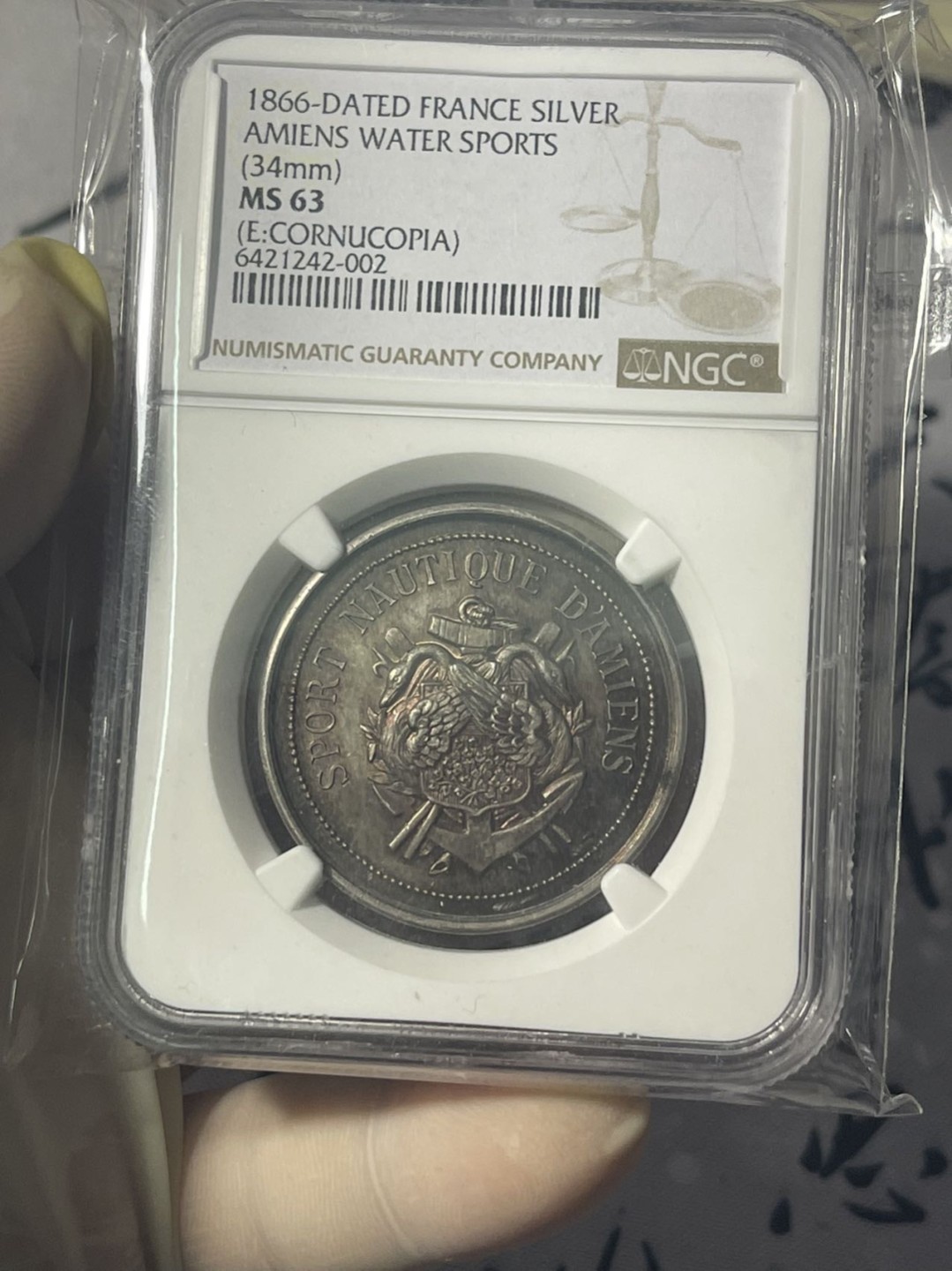 第七场，法国艺术章牌代币拍卖（实时专场） 1866年法国亚眠区航海协会银质代币 ngc评级ms63