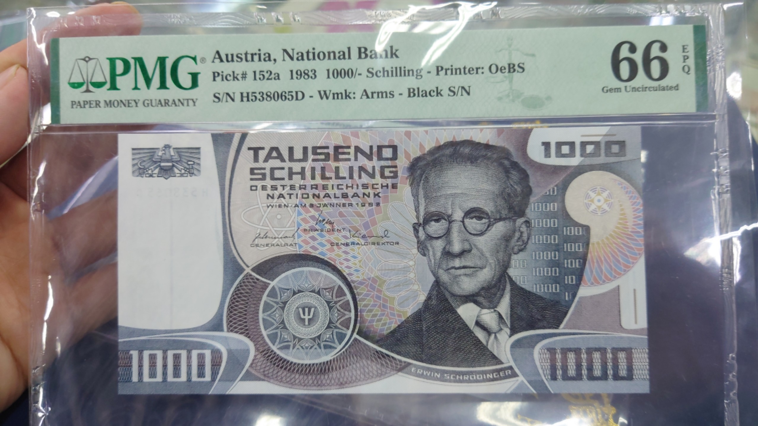 【世界钱币收藏】精选微拍第54期暨2023年第一期 新出分部分精品上拍 1983年奥地利1000先令 薛定谔 PMG66E全程无47尾号65