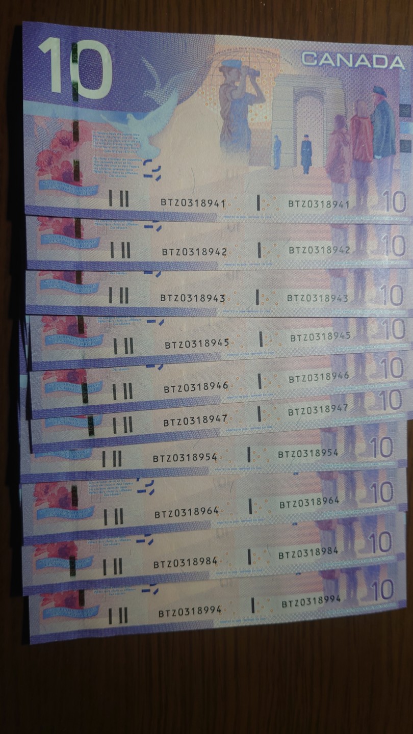 【世界钱币收藏】精选微拍第55期 暨2023年第二期 绝品裸钞全部低价起拍  2008年加拿大10元 旅版 如图差号十张 全新绝品
