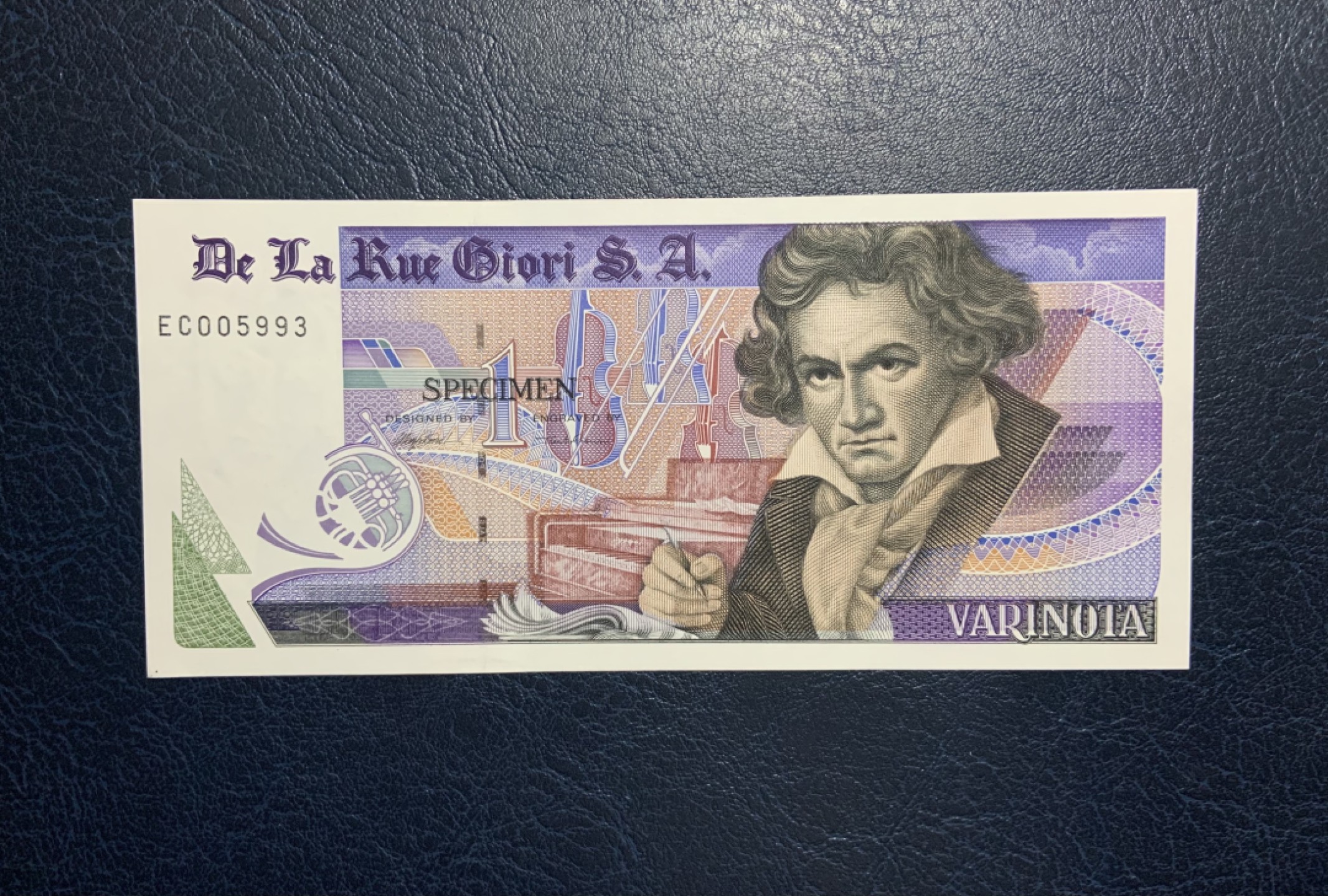 收藏联盟Quantum Auction 第222期拍卖 德纳罗公司贝多芬1元纪念测试钞  品相UNC 双面雕刻