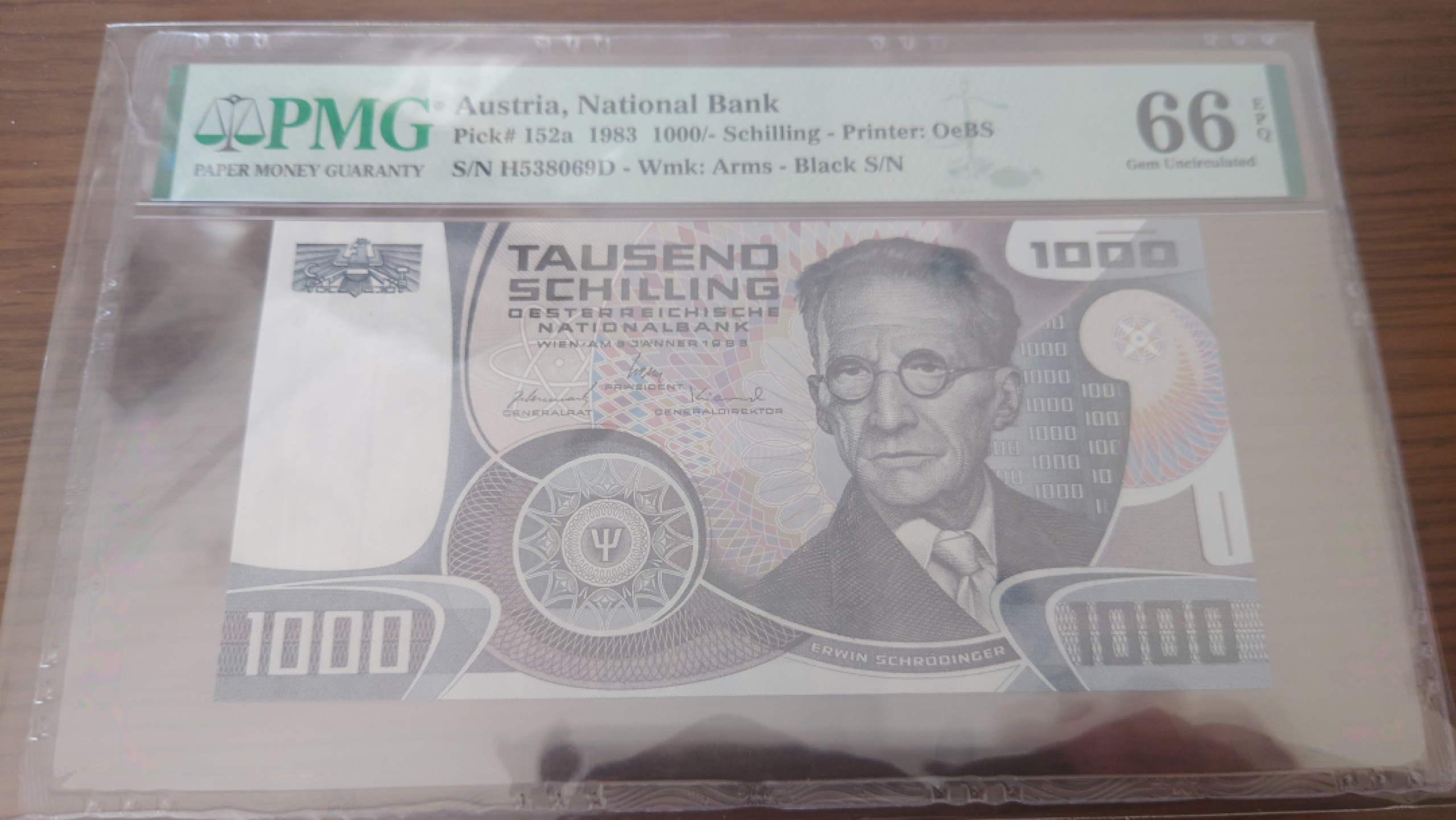 【世界钱币收藏】精选微拍第54期暨2023年第一期 新出分部分精品上拍 1983年奥地利1000先令 薛定谔 PMG66E全程无47尾号69